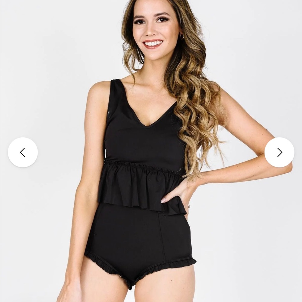 Kortni Jeane Black Ruffle V-Neck Tankini